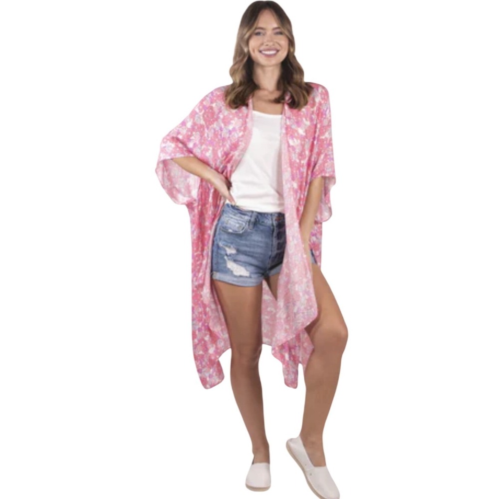 Simply Southern Pink Floral Kimono Wrap‎ Open Front Cover Up One Size Fits Most